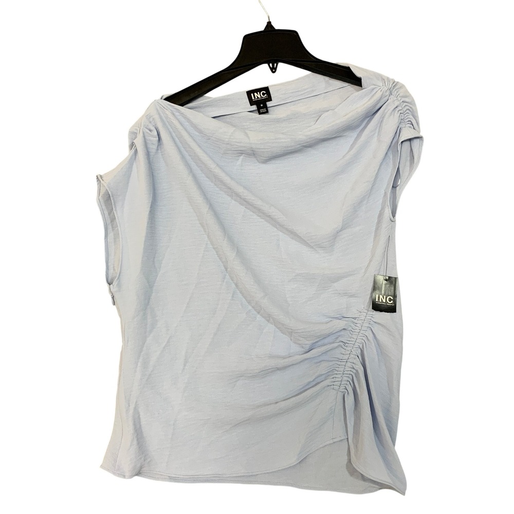 NWOT INC Ruched Asymmetrical Top Women's M Light Blue Polyester Sleeveless